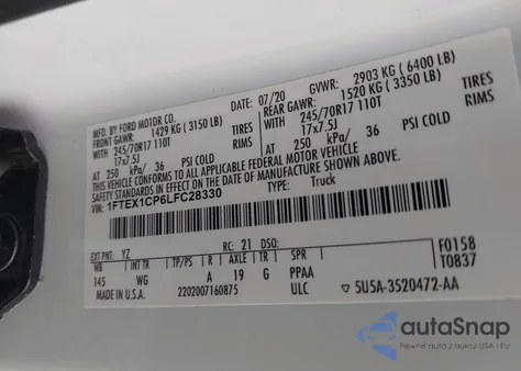 2020 Ford F-150 Xl из США, поврежденный, VIN 1FTEX1CP6LFC28330